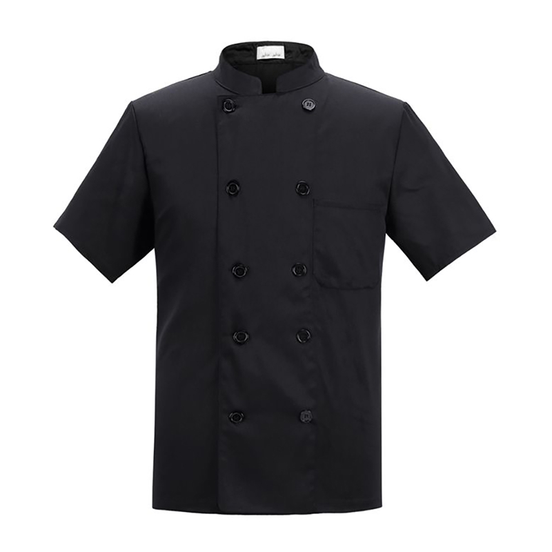 CHEF-Q035A  Black Short Sleeve Double Breasted Chef Jacket, Stand Collar Chef Coat for Commercial Kitchens