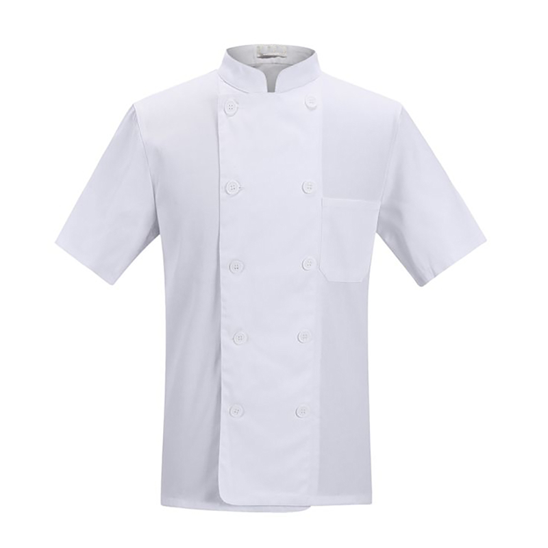 CHEF-Q035B   White Short Sleeve Double Breasted Chef Jacket, Stand Collar Chef Coat for Commercial Kitchens