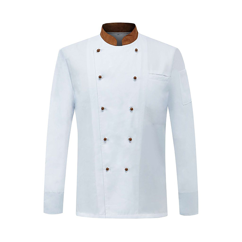 CHEF-Q030B   Premium Long Sleeve Chef Jacket, White Double Breasted Chef Coat with Brown Contrast Collar for Hotel & Restaurant