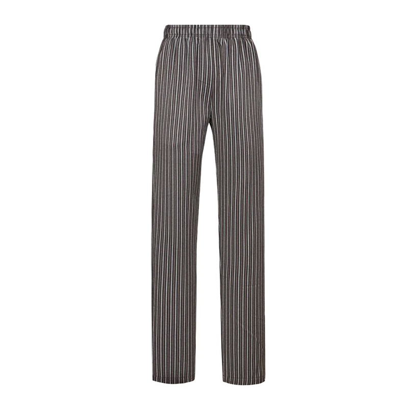 CHPN-L113  Striped Chef Pants, Gray White Vertical Stripe Elastic Waist Work Trousers for Kitchen & Catering Staff
