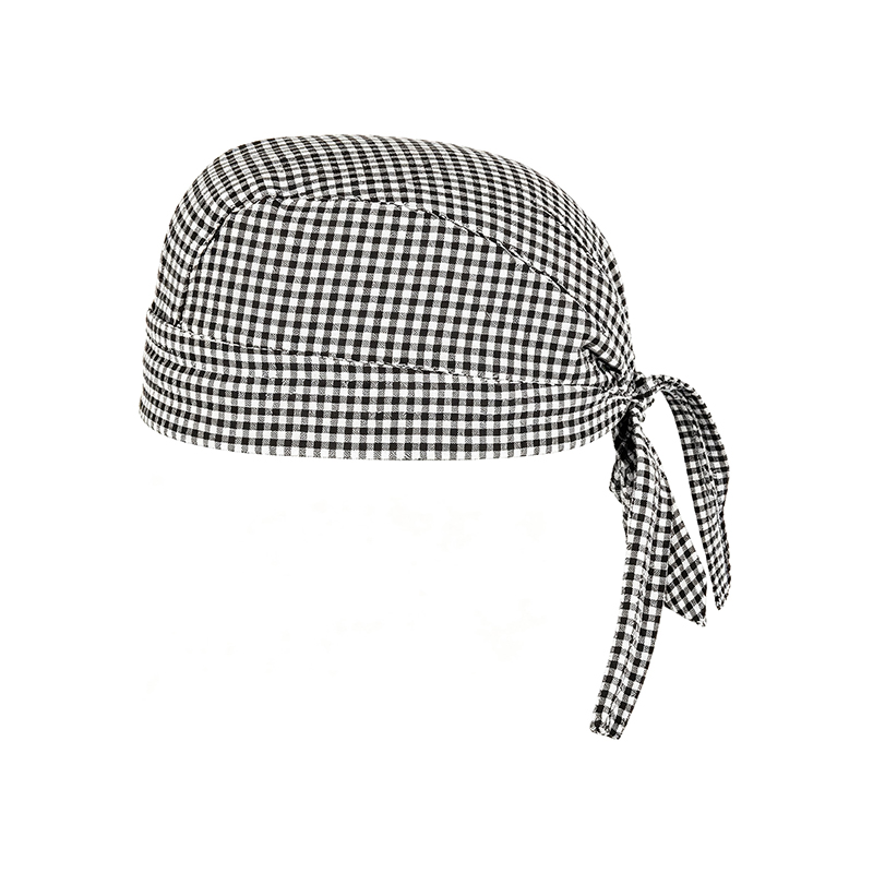 HAT-018C   Black White Small Gingham Chef Beanie, Tie Back Chef Work Cap, Kitchen Uniform Headwear for Restaurant Cooks
