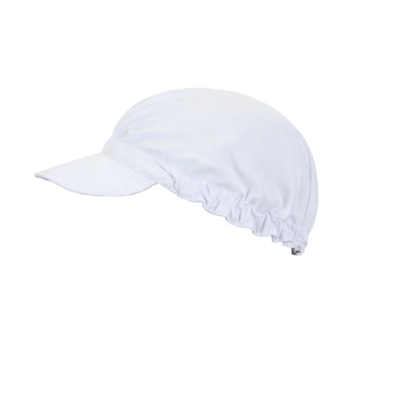 HAT-024A  White Elastic Work Cap with Brim, Reusable Chef Hat for Kitchen, Café & Bar Staff