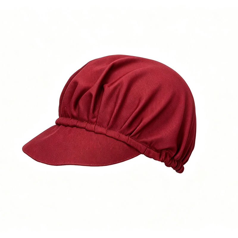 HAT-024C   Burgundy Elastic Work Cap with Brim, Reusable Chef Hat for Kitchen, Café & Bar Staff