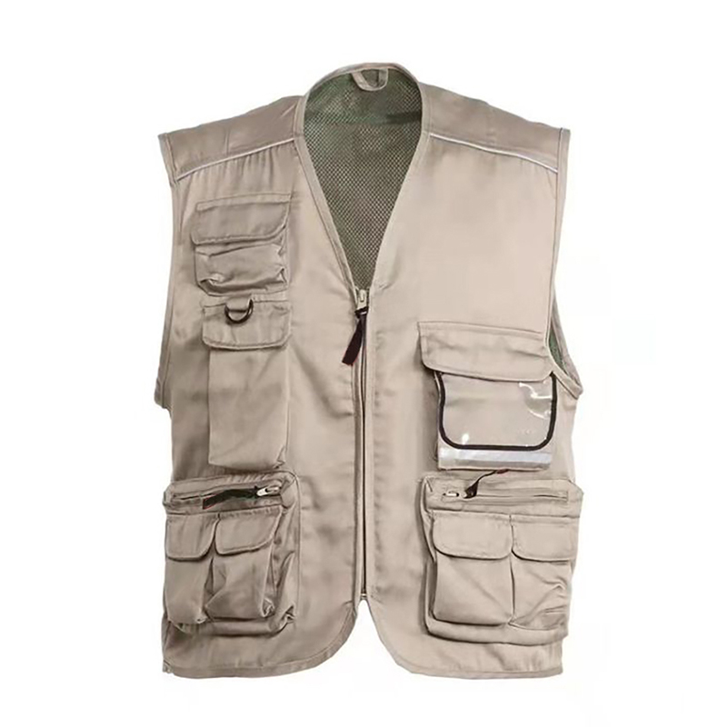 VEST-DON-04  Khaki Multi-Pocket Utility Work Vest, Breathable Mesh Lining Multipurpose Gilet with Reflective Piping & ID Window for Field & Technical Work