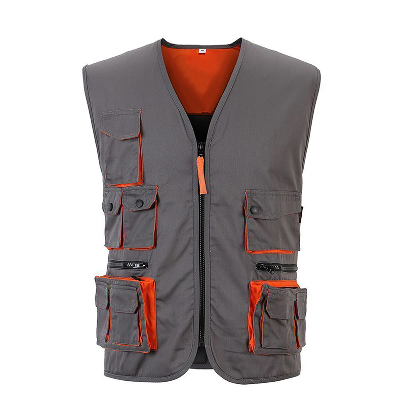 VEST-Q005B MU   Men's Grey Multi-Pocket Utility Work Vest, Zipper Front Work Gilet with Multiple Tool Pockets for Construction, Workshop & Tradesmen