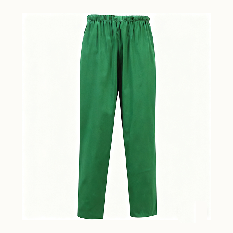 NURS-007C-01  Men's green scrub trousers made of 100% cotton. Elasticated waistband, equipped with two side pockets and one rear pocket, loose-fit medical pants for healthcare workers.