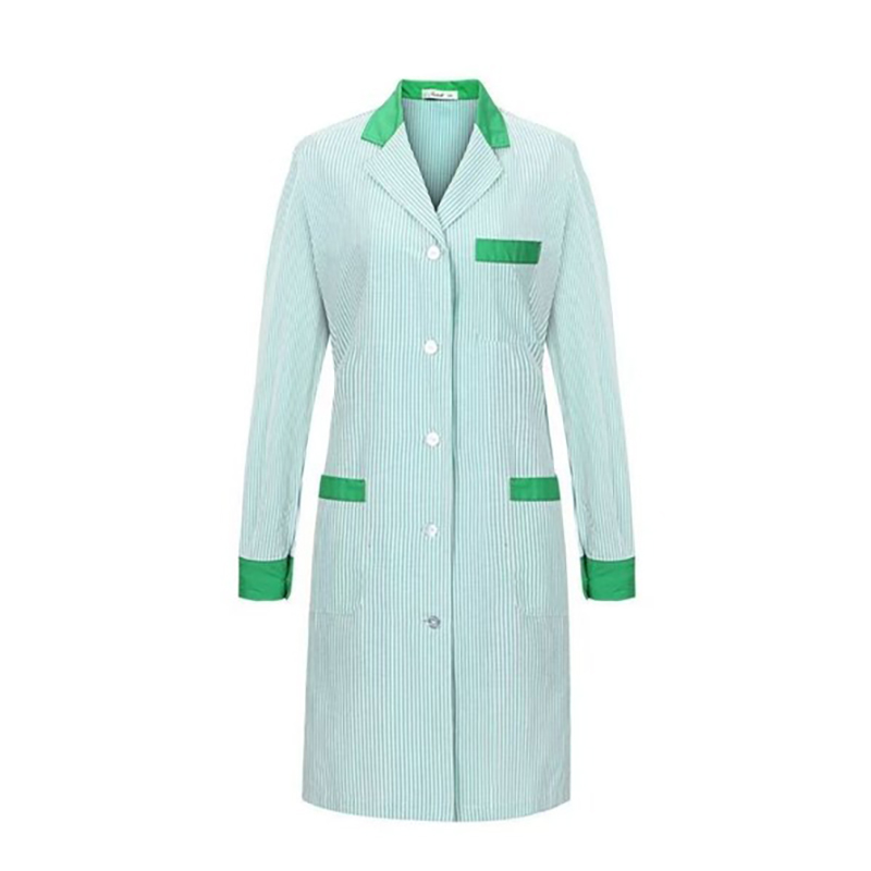 CLNR-L009A  Women's Green Striped Long Sleeve Work Coat, Oxford Cotton Salon & Cleaning Workwear with Contrast Collar & Cuffs, 3 Pockets