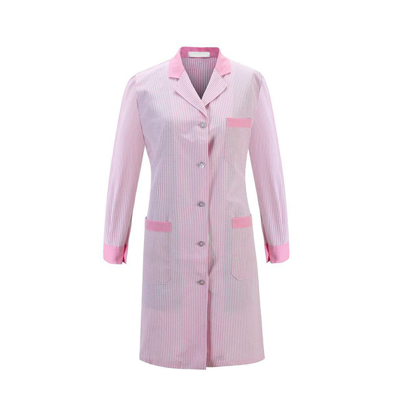 CLNR-L009B   Women's Pink Striped Long Sleeve Work Coat, Oxford Cotton Blend Cleaning & Salon Uniform with Contrast Pink Collar, Cuffs and Pockets, 5 Buttons & 3 Pockets