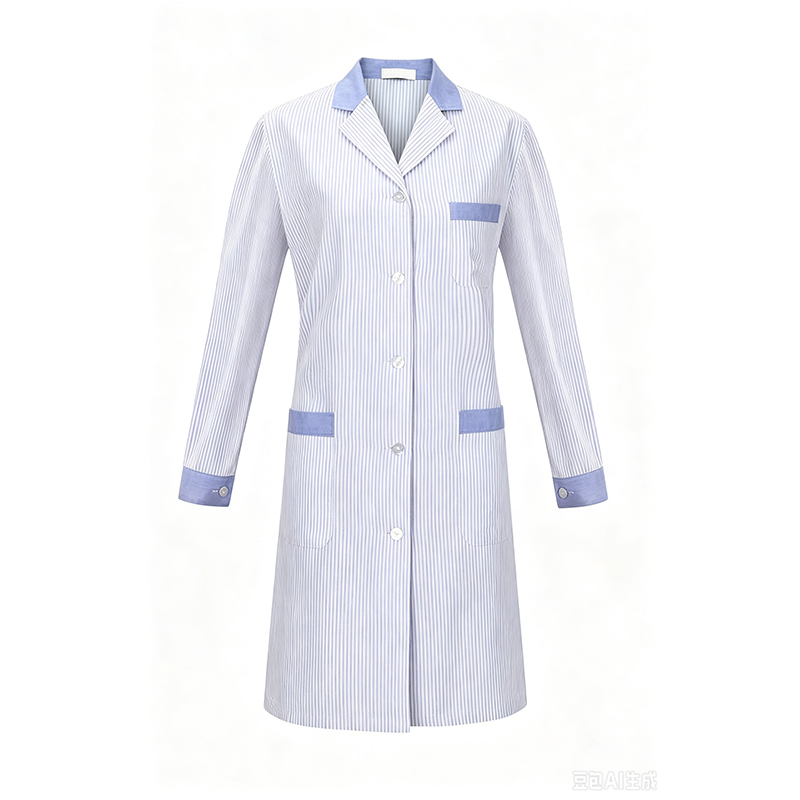 CLNR-009C Women's Light Blue Striped Long Sleeve Work Coat, Oxford Cotton Blend Cleaning & Salon Uniform with Contrast Blue Collar, 5 Buttons & 3 Pockets