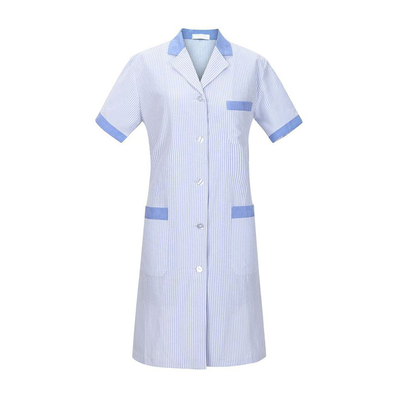 CLNR-L010C  Women's Light Blue Striped Short Sleeve Work Coat, Oxford Cotton Blend Cleaning & Salon Uniform with Contrast Blue Collar, 5 Buttons & 3 Pockets